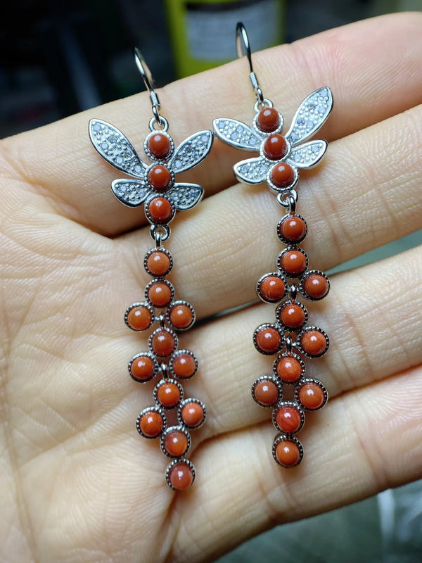 S925 Inlay South Red Agate 30 Grain Hoops Earrings