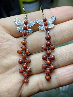 S925 Inlay South Red Agate 30 Grain Hoops Earrings
