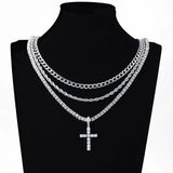 Silver Cross Pendant Chain Tennis Necklace Men Women
