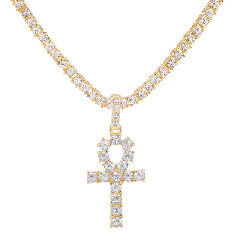 Silver Cross Pendant Chain Tennis Necklace Men Women