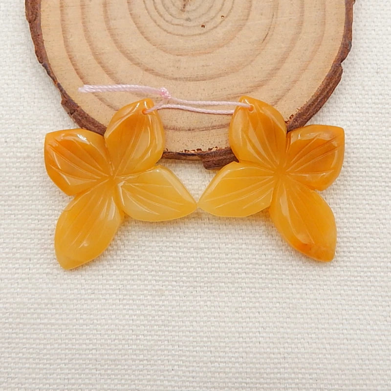 Natural Yellow Jade Carved Flower Earrings 36x32x3mm, 37x32x4mm