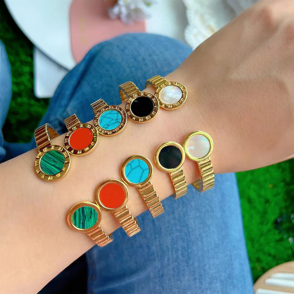 Colorful Stone Bangles Roman Numeral Brass Bracelet