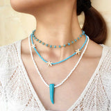 Bohemian Crystal Choker Necklace Turquoise Horn Pendant Rice Bead Chain