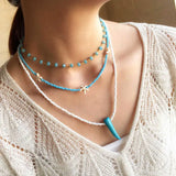 Bohemian Crystal Choker Necklace Turquoise Horn Pendant Rice Bead Chain