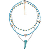 Bohemian Crystal Choker Necklace Turquoise Horn Pendant Rice Bead Chain