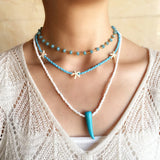 Bohemian Crystal Choker Necklace Turquoise Horn Pendant Rice Bead Chain