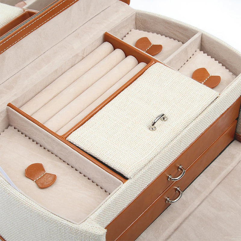 Beige Linen Jewelry Box with Mirror and Tray