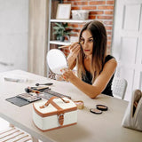 Beige Linen Jewelry Box with Mirror and Tray