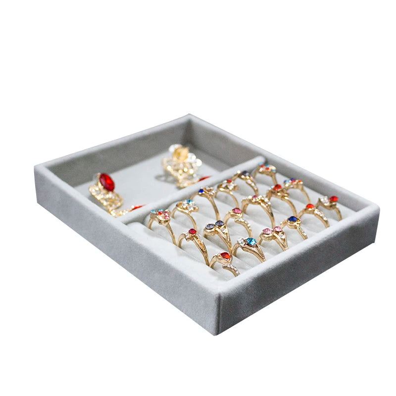 Gray Velvet Jewelry Box Tray Organizer Rings Earrings Pendants Storage
