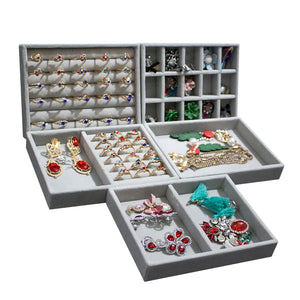 Gray Velvet Jewelry Box Tray Organizer Rings Earrings Pendants Storage