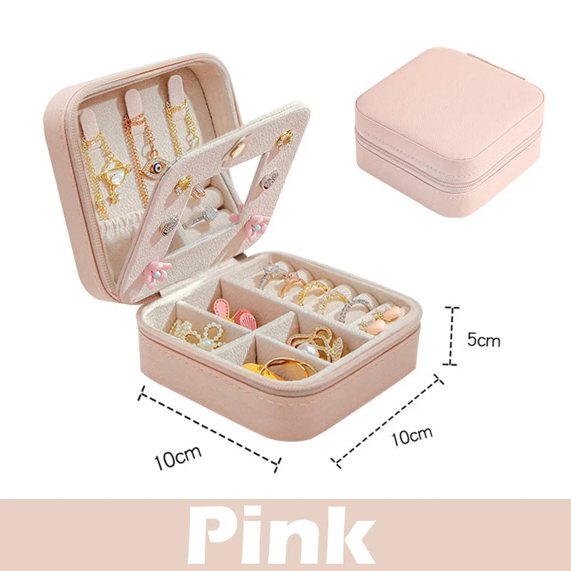 Travel Jewelry Box Organizer with Mirror - Leather Storage Case