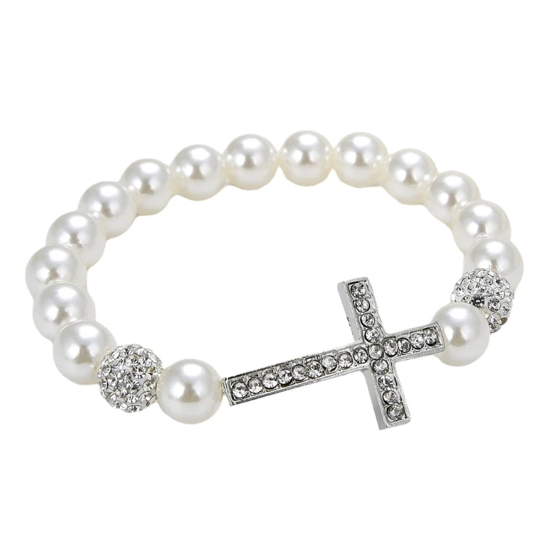 Pearl Beaded Cross Bracelet Pendant Gift Girl Jewelry Decor