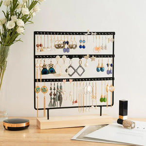 Elegant 72-Hole Jewelry Display Rack with Wooden Base