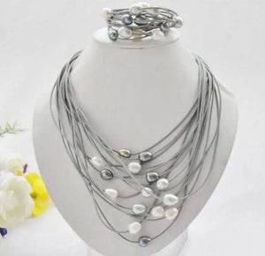 15-Row Gray Pearl Leather Necklace & Bracelet Set