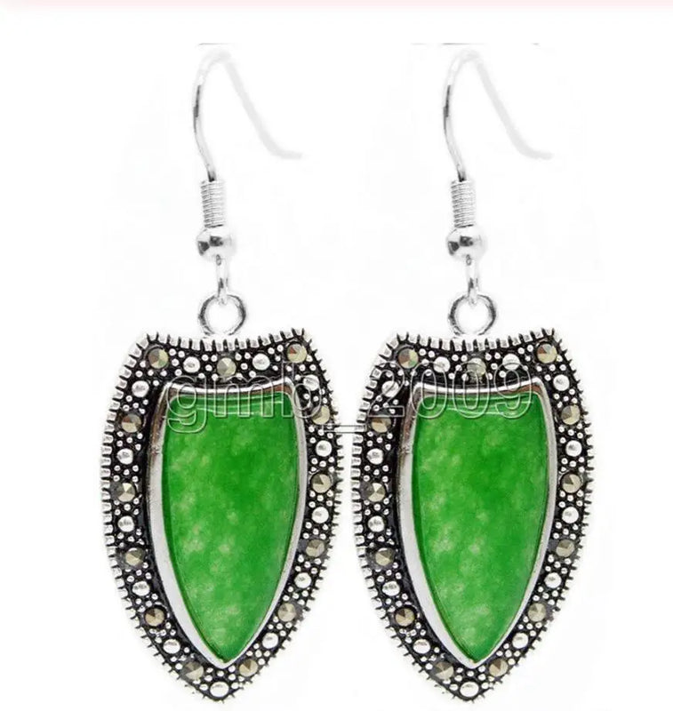 Green Jade Marcasite 925 Silver Drop Earrings