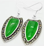 Green Jade Marcasite 925 Silver Drop Earrings