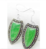 Green Jade Marcasite 925 Silver Drop Earrings