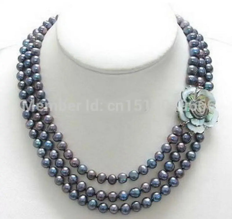 3-Row 7-8mm Pearl Shell Flower Clasp Necklace