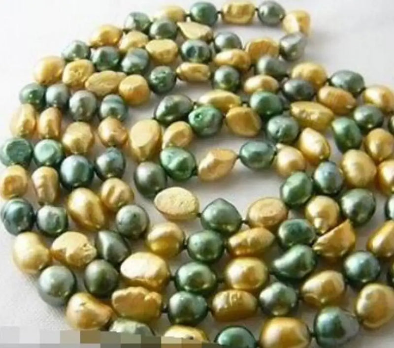 Green Champagne Baroque Freshwater Pearl Necklace 50'' 8-9mm