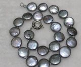Coin Shape Gray Freshwater Pearl Necklace 13-15mm 17INCH