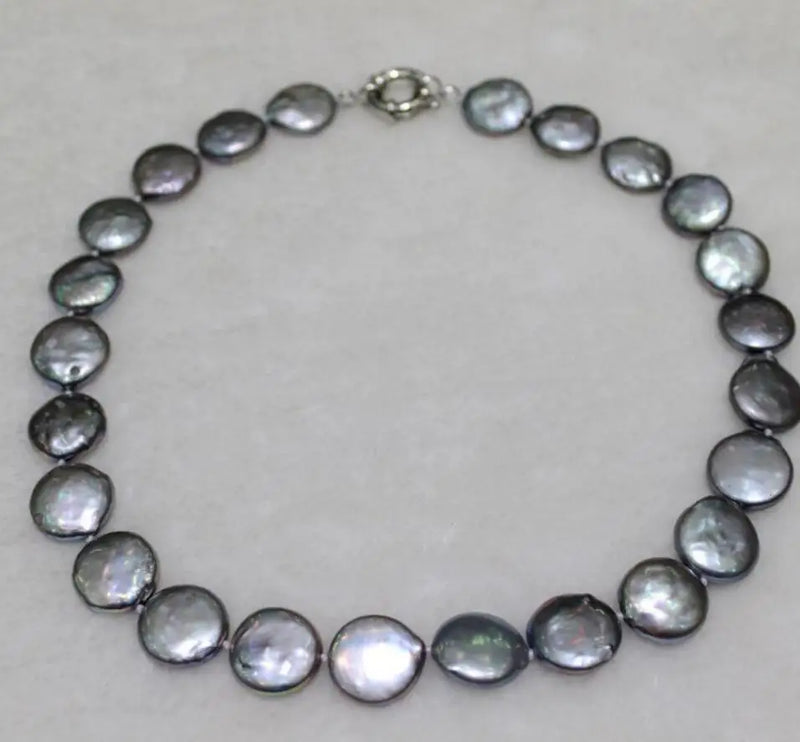 Coin Shape Gray Freshwater Pearl Necklace 13-15mm 17INCH