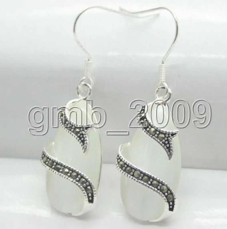 Opal & Marcasite Earrings 925 Sterling Silver