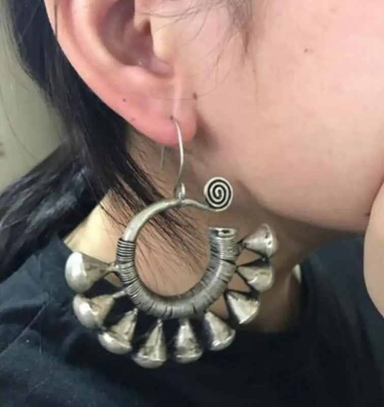 Tibetan Tribal Jewelry Miao Silver Earrings Pair