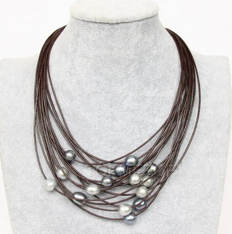 Big Gray Pearls Wine Red Leather Necklace