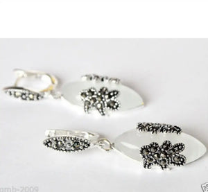 Vintage Clear Opals Marcasite Flower 925 Sterling Silver Earrings