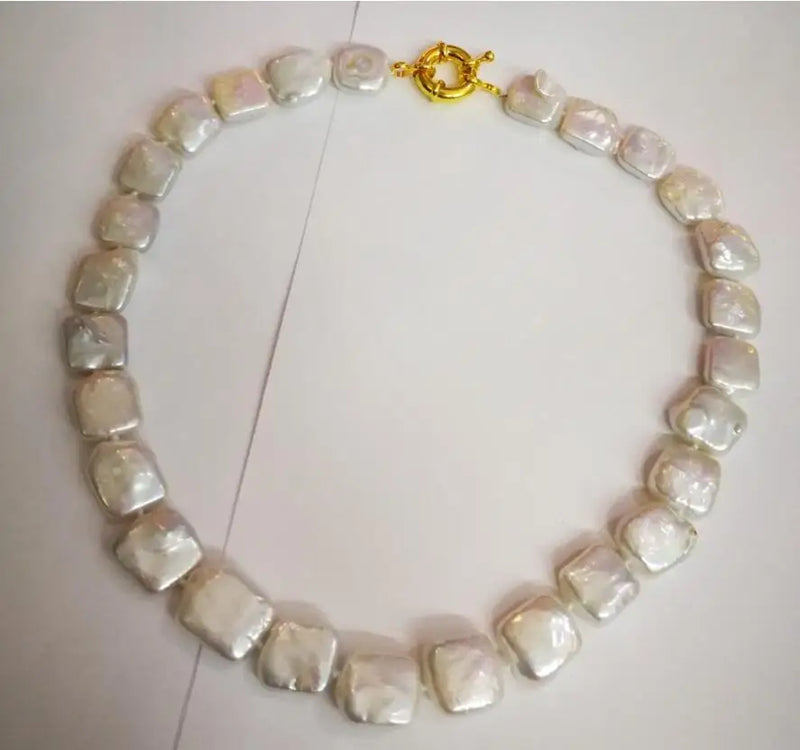 Bright Pearl Square Slice Pearl Necklace 17'' 10X12mm Real Cultured Freshwater