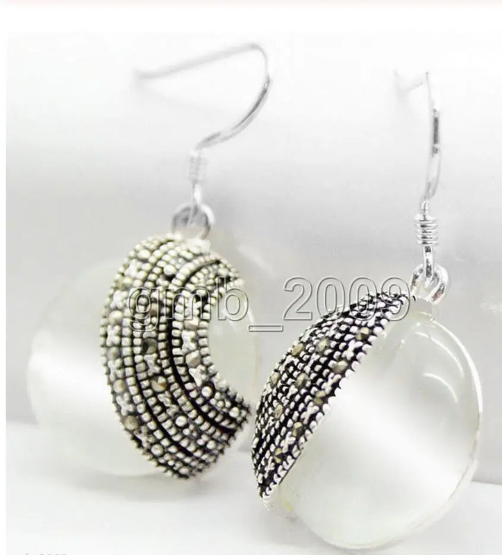 Opal Beads 925 Sterling Silver & Marcasite Earrings