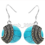 925 Sterling Silver Coin Turquose Beads Marcasite Earrings