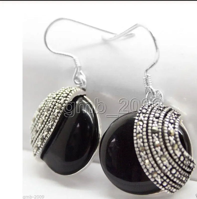 925 Sterling Silver Natural Stone Beads Marcasite Earrings