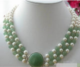 3ROW 8MM Freshwater Pearl Green Jade Necklace Wedding Party Jewelry