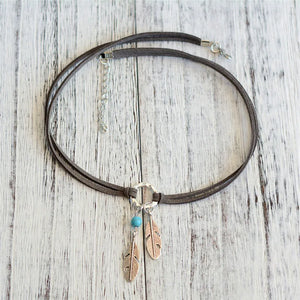 Brown Leather Choker Necklace Antique Silver Feather Charm Bohemian Chain