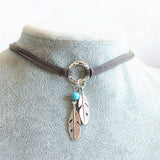 Brown Leather Choker Necklace Antique Silver Feather Charm Bohemian Chain