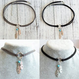 Brown Leather Choker Necklace Antique Silver Feather Charm Bohemian Chain