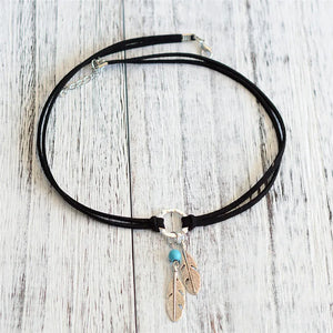 Brown Leather Choker Necklace Antique Silver Feather Charm Bohemian Chain