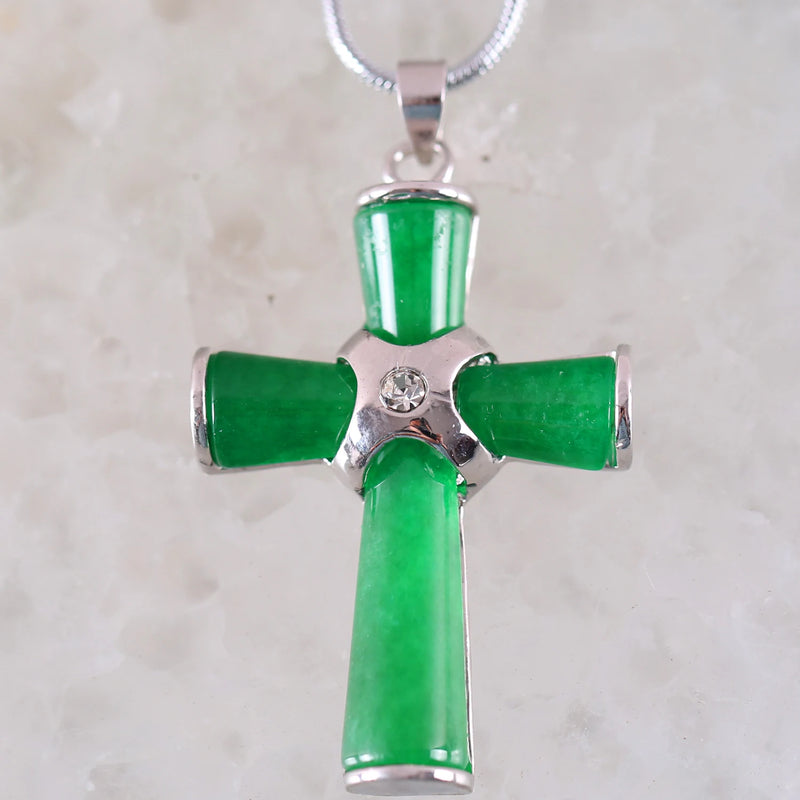Cross Bead Natural Stone Green Jades Pendant for Women Men