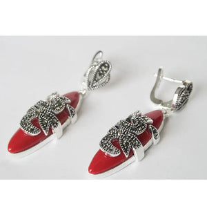 Vintage Natural Red Coral Silver Earrings
