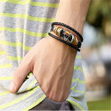 Men's Leather Braided Bracelet with Stainless Steel Skull Charm