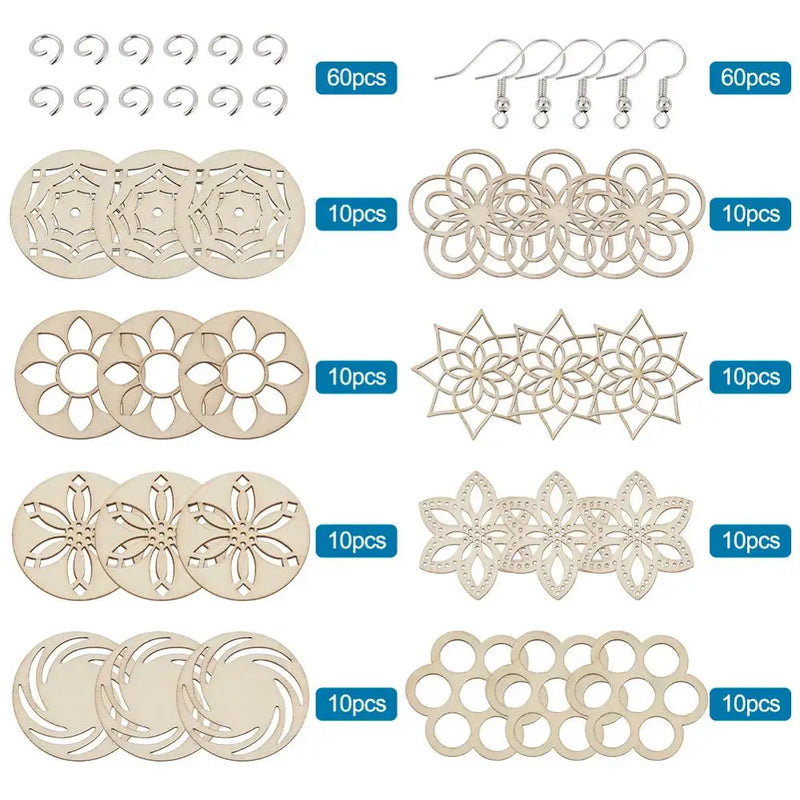 DIY Dangle Earring Kit - 80 Wood Pendants, Jump Rings & Earring Hooks