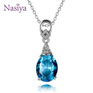 Crystal Gemstone Aquamatine Necklace Women Pendant Chain Wedding Gift