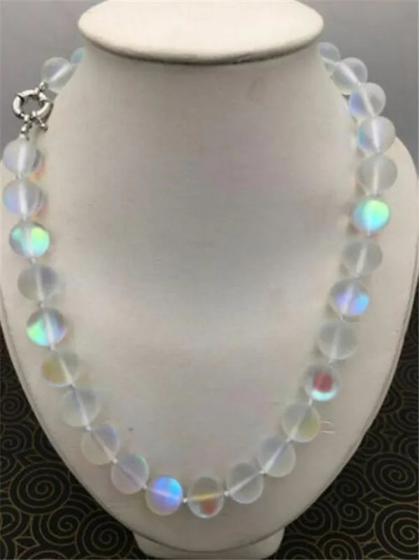 Rainbow Moonstone Round Gems Necklace 18''10mm