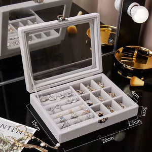 Jewelry Organizer Box Earring Necklace Ring Storage Glass Cover Dustproof Case
