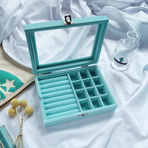 Jewelry Organizer Box Earring Necklace Ring Storage Glass Cover Dustproof Case