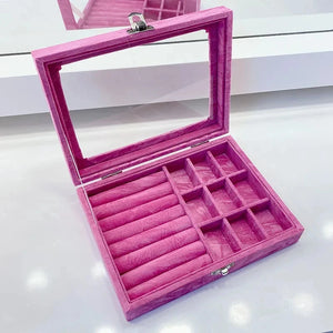 Pink Velvet Jewelry Organizer Box Earring Necklace Ring Storage