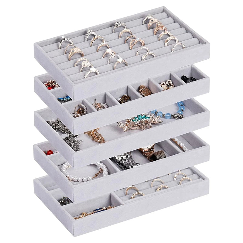 Velvet Jewelry Organizer Tray Set - 5 Pcs Stackable Storage Display