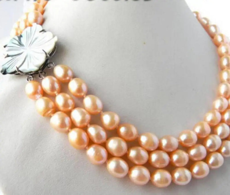 Pink Rice Freshwater Pearl Necklace 3 Strands 18'' 9MM