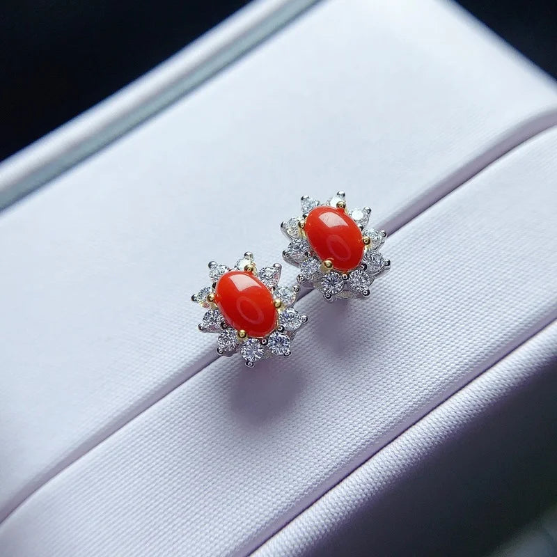 Red Coral Stud Earrings 925 Silver 6*4mm for Daily Wear